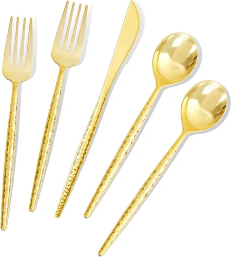 Miniatura 10 de LIYH 102 piezas de cubiertos de plástico plateado – Juego de cubiertos de plástico de alta resistencia, utensilios desechables, cuchillos, 102 plata