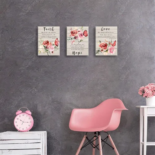 Miniatura 5 de Arte de pared para dormitorio, fotos de pared de mariposas, pinturas florales, citas de fe, esperanza, amor, arte de pared inspirador, acuarela, Rosa