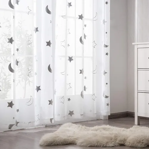 Miniatura 3 de SEEKRIGHT Twinkle Moon - Cortinas transparentes plateadas para habitación de la guardería del bebé, cortinas de encaje con ojales de estrella y luna