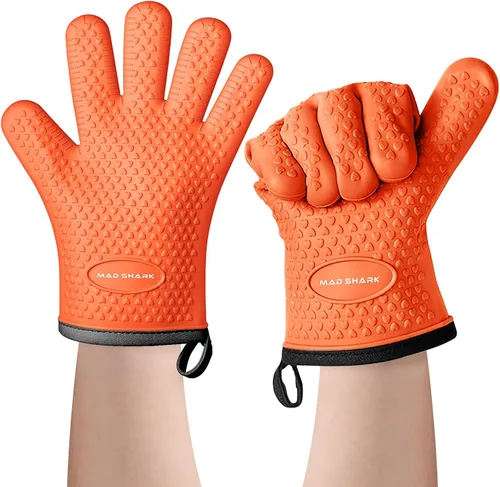 MAD SHARK Guantes de horno de silicona resistentes al calor, 450 °F con guantes de horno impermeables y antideslizantes con dedos, guantes de horno