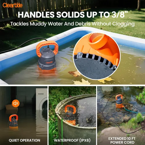 Miniatura 6 de Cleartide Bomba de sumidero sumergible, bomba de agua utilitaria de 1/3 HP para drenaje de piscinas, jacuzzi, sótano, motor 100% de cobre, bomba