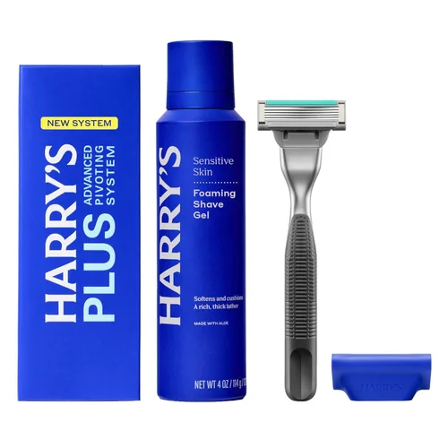 Harry's Kit de afeitado Plus para hombres, mango premium, cartucho de hoja de afeitar, gel de afeitado espumoso y cubierta de hoja de viaje, sistema