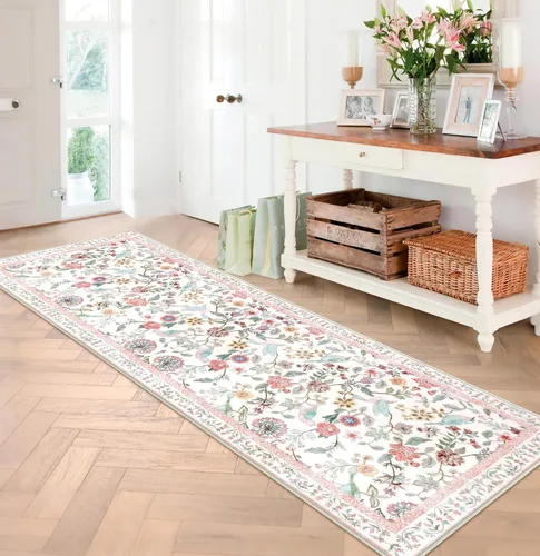Miniatura 11 de Rugalia Alfombra de pasillo floral azul, alfombra lavable de 2 x 6 pies para pasillos, antideslizante, suave, de pelo bajo, con flores, pájaros, Rosa
