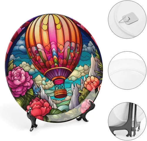 Miniatura 4 de Platos decorativos, placa de cerámica con estampado de globos de aire caliente, plato de cena tambaleante con soporte de exhibición, decoración