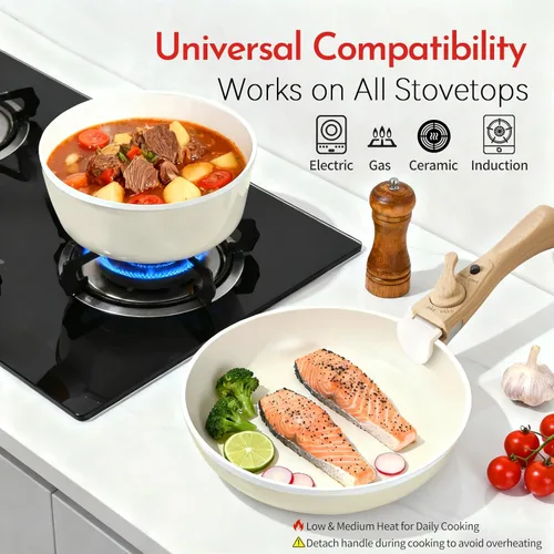 Miniatura 6 de Heapsion Juego de utensilios de cocina antiadherentes de cerámica de 10 piezas, sin PFAS/PFOA/PTFE y no tóxicos, juego de ollas y sartenes con asas
