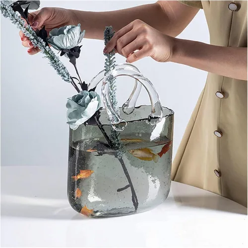 Miniatura 11 de Glass Bag Vase for Flowers, Glass Purse Vase Blowing by Hand Glass Flower Vase Purse Flower Vase, Glass Bag Vase for Decor,Style1-Blue