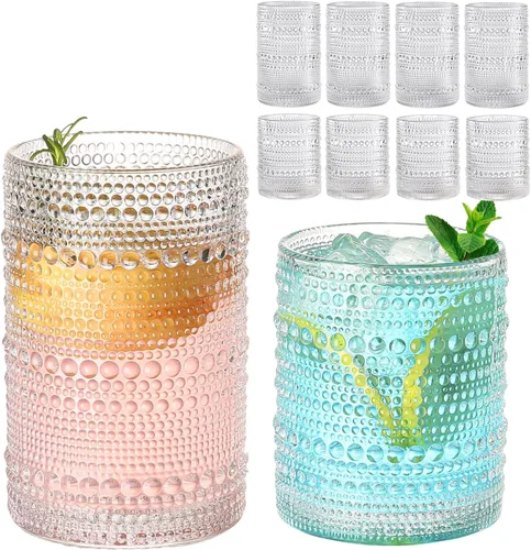 Miniatura 28 de ZMOWIPDL Juego de vasos de vidrio vintage de 6 vasos de vidrio de hobnail de 15 onzas, vaso de agua azul en relieve, para cerveza, cóctel, whisky