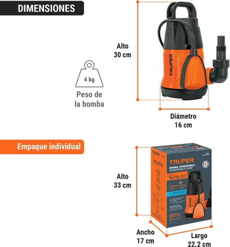 Miniatura 9 de TRUPER BOS-3/4LP Bombas de agua limpia sumergibles 3/4Hp (560 w)