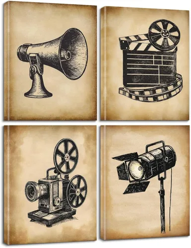 Arte de pared vintage de cine de película, juego de 4 cuadros de equipo de película clásica, impresiones en lienzo, decoración de cine en casa, 8 x