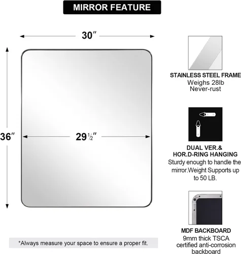 Miniatura 2 de ANDY STAR Espejo cromado para baño, espejo de pared con marco de metal de 30x36 pulgadas con esquina redondeada, espejo moderno rectangular