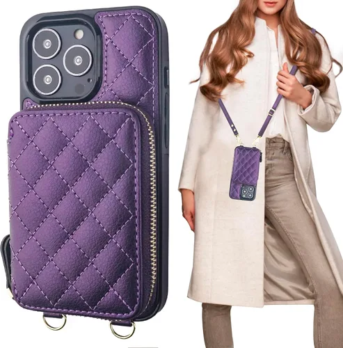 Miniatura 11 de Bocasal Funda tipo cartera cruzada para iPhone 13 Pro, con bloqueo RFID, de piel sintética, con cremallera, funda tipo cartera con función atril