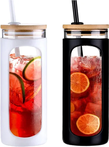 Miniatura 49 de Kodrine Vaso para agua de vidrio de 20 onzas con popote y tapa, botella de agua con tapas de bambú, taza para café helado, reutilizable, boca ancha