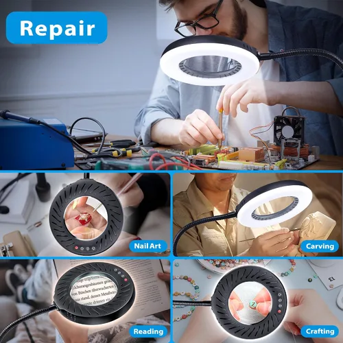 Miniatura 7 de 12 lupas con luz y soporte, 5 modos de color, 9 niveles regulables, lámpara de aumento de cuello de cisne flexible manos libres, lámpara