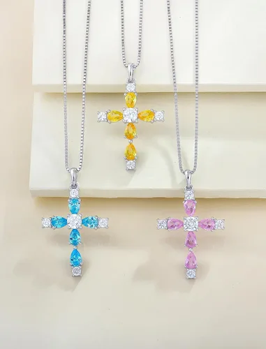 Miniatura 4 de YL Collar de cruz de plata de ley 925 con colgante de piedra natal religiosa para mujer