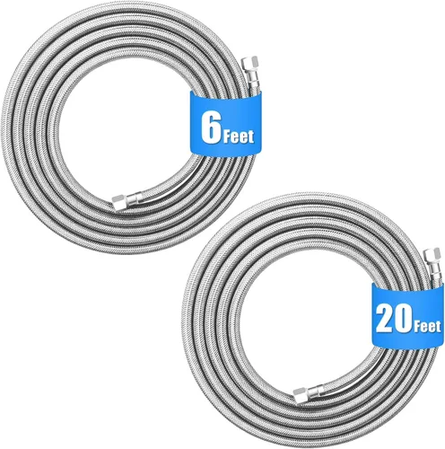 Línea de agua para refrigerador (2 piezas) – Manguera de agua trenzada de acero inoxidable de alta calidad para máquina de hielo de 6 pies + 20