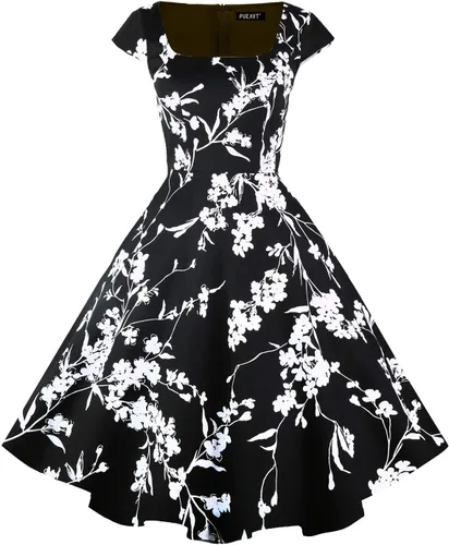 PUKAVT - Vestido de cóctel para mujer, diseño con manga casquillo, vestido de fiesta de estilo retro acampanado de los años 1950, con bolsillos