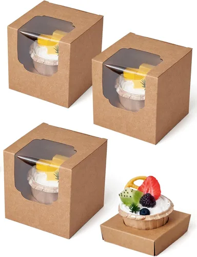 Miniatura 14 de Happyhiram Cajas para cupcakes, 50 unidades, color blanco, individual, soportes de cartón con inserto y ventana para magdalenas, bombas de cacao
