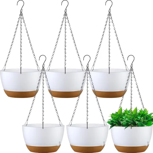 Remerry Juego de 6 macetas colgantes de 11.2 pulgadas para plantas de interior y exterior, juego de macetas colgantes de plástico con agujeros de