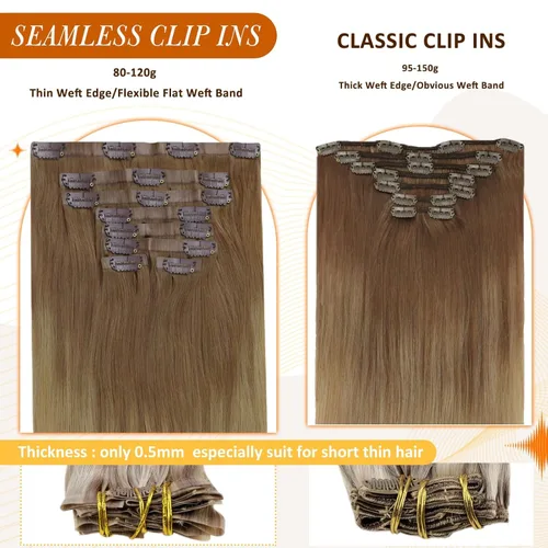 Miniatura 3 de Full Shine Extensiones de cabello humano con clip de 12 pulgadas, extensiones de cabello con clip de castaño claro a rubio, extensiones de cabello