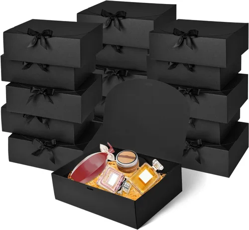 Paquete de 12 cajas de regalo negras con tapas, caja de propuesta de padrinos de boda de 12 x 9.8 x 3.1 pulgadas, caja de regalo negra de lujo con
