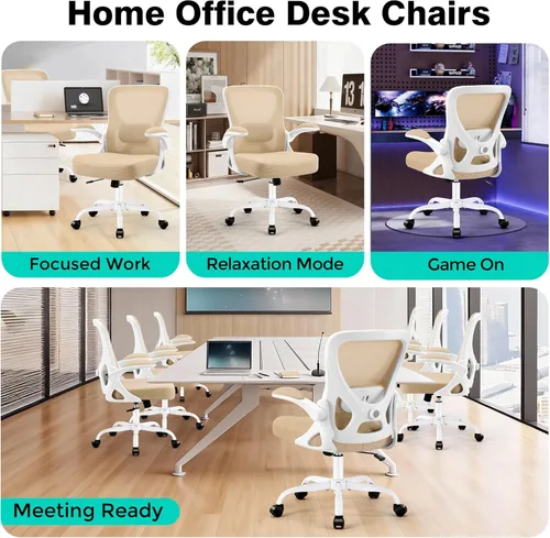Miniatura 9 de AreShark Silla de oficina – Silla de escritorio ergonómica de malla transpirable con soporte lumbar ajustable y reposabrazos abatibles – Silla Caqui