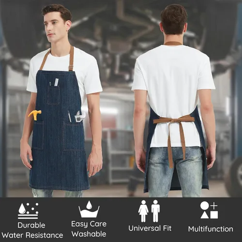 Miniatura 2 de Delantal de mezclilla de algodón para hombres y mujeres, delantal de chef profesional con bolsillos grandes para cocina, jardinería, barbacoa