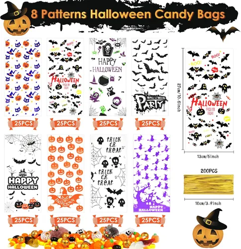 Miniatura 2 de AhfuLife 200 bolsas de celofán de Halloween, 8 diseños de bolsas de dulces transparentes de Halloween con lazos giratorios para golosinas o tratos