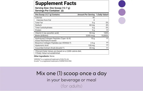 Miniatura 8 de VERISOL® Péptidos de colágeno hidrolizados tipo I y III con vitamina C, ácido hialurónico, biotina, Q-ACTIN® Proteína en polvo sin sabor para piel