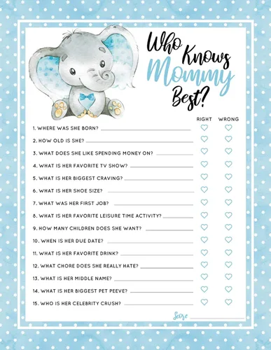 30 Blue Elephant Who Knows Mommy Best Baby Shower Juego y actividad Fácil de jugar - Revelar el género Nuevos Padres Mujeres Hombres o Niños