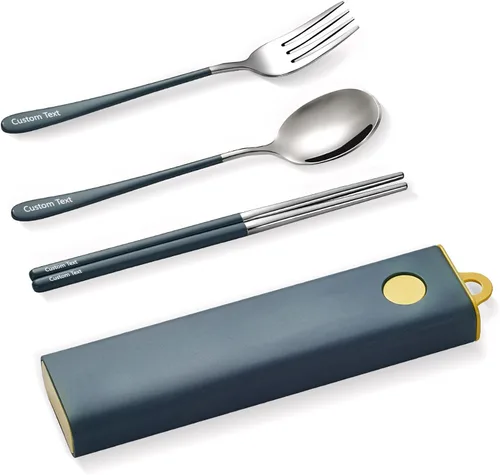 Miniatura 11 de Muka Juego de 3 utensilios portátiles personalizados, palillos de acero inoxidable, tenedor, cuchara de viaje con logotipo personalizado y nombre