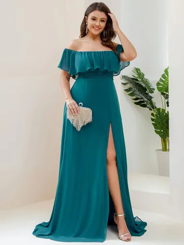 Miniatura 4 de Ever-Pretty Plus Women's Off Shoulder Short Sleeves Empire Waist Side Slit Chiffon Flowy Plus Size Bridesmaid Dresses