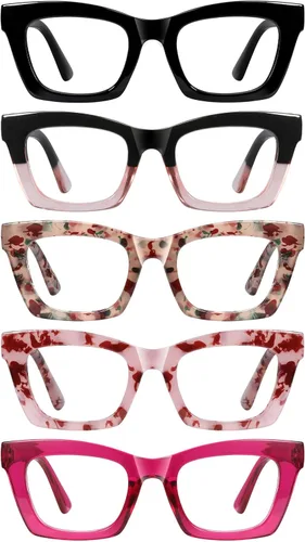 Gafas de lectura para mujer, paquete de 5 lentes de lectura con bloqueo de luz azul con bisagra de resorte para computadora Multi-a01