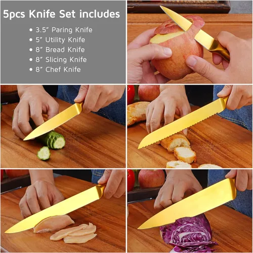 Miniatura 3 de WELLSTAR - Juego de cuchillos de cocina dorados de 5 piezas, hoja de acero inoxidable alemán afilada y mango ergonómico con revestimiento de titanio