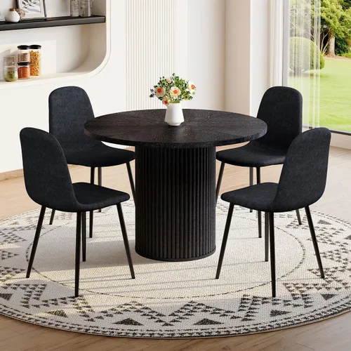 Miniatura 27 de Mesa de comedor redonda para 4-6, mesa de comedor negra con tablero de madera de 42'' y base de pedestal cilíndrico, mesa de cena redonda