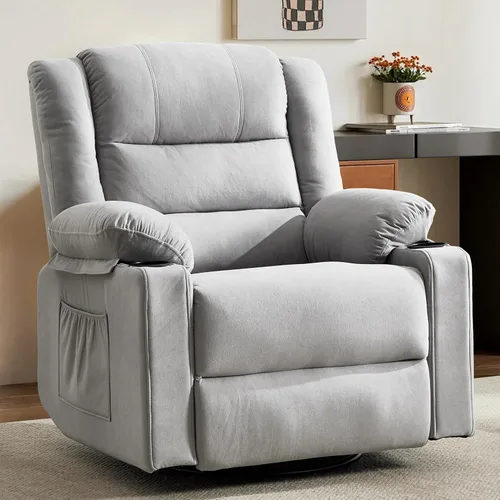 Miniatura 12 de Mecedora reclinable para adultos, silla reclinable giratoria de 360° con masaje y calefacción, mecedora manual con portavasos para sala de estar
