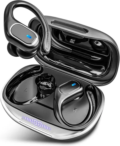 Auriculares inalámbricos Bluetooth 80 horas de reproducción, IPX7, impermeables, funda de carga inalámbrica, ganchos para los oídos (negro)