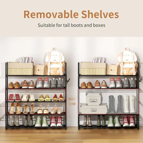 Miniatura 4 de Organizador de zapatos de metal, zapatero de 5 niveles con ganchos, se adapta a 20-25 pares, estante de zapatos ajustable para entrada, pasillo