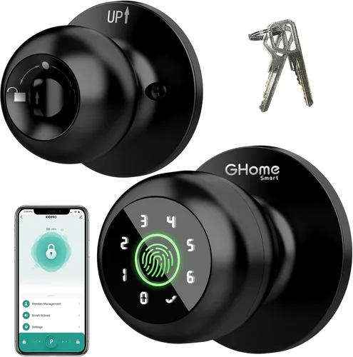 GHome Smart - Cerradura de puerta de huellas dactilares inteligente, perilla de puerta de huellas dactilares inteligente 4 en 1 con teclado, control