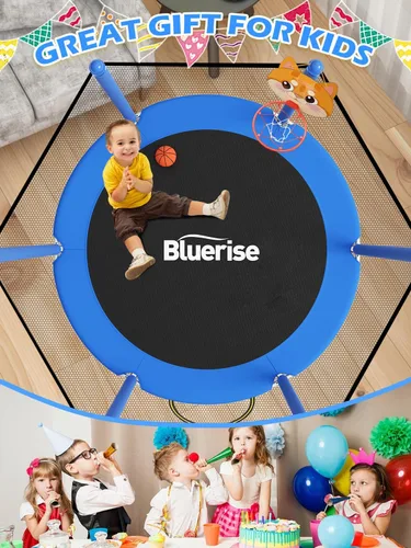 Miniatura 7 de Bluerise - Cama elástica de 55 pulgadas/6 pies, para niños, juego interior y exterior, con canasta de baloncesto para cama elástica, malla de Azul