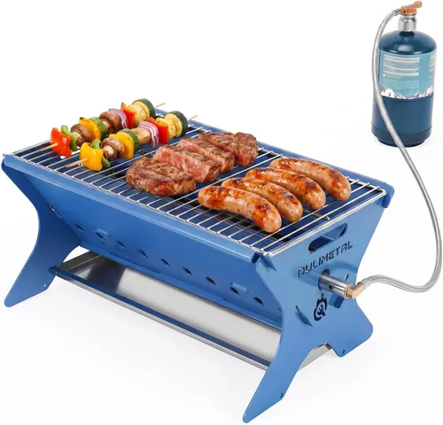 Miniatura 10 de Parrilla de camping portátil 3 en 1, barbacoa de gas de carbón plegable y hoguera con placa extraíble y bolsa de transporte, para mochileros, patio