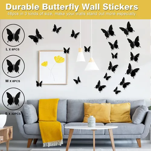 Miniatura 2 de Decoración de pared de mariposa 3D, 48 unidades, calcomanías negras pulidas, 3 tamaños, calcomanías de mariposa duraderas, arte de pared