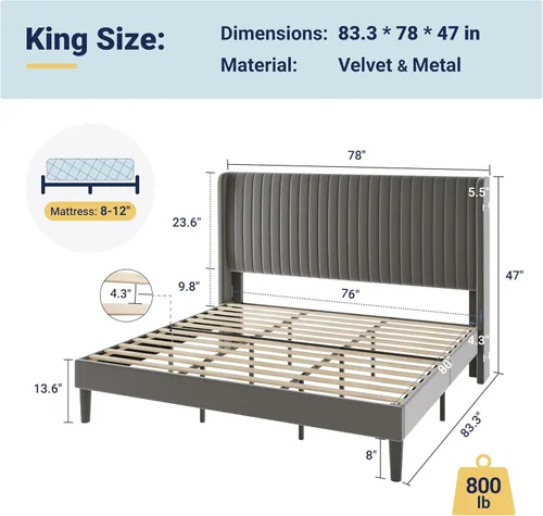 Miniatura 2 de Allewie - Base de cama tamaño King con cabecera tapizada en terciopelo y diseño acanalado vertical; base de cama tapizada en plataforma; no necesita