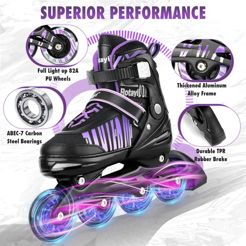 Miniatura 3 de Patines en línea ajustables para niñas y niños con ruedas de luz completa, divertidas cuchillas iluminadoras para principiantes, para niños, Púrpura