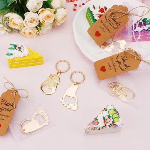 Miniatura 4 de 50 unidades de abrebotellas Keycahin de huella de bebé, llavero Poppin botellas de baby shower con tarjetas, carrito de bebé en forma de regalo