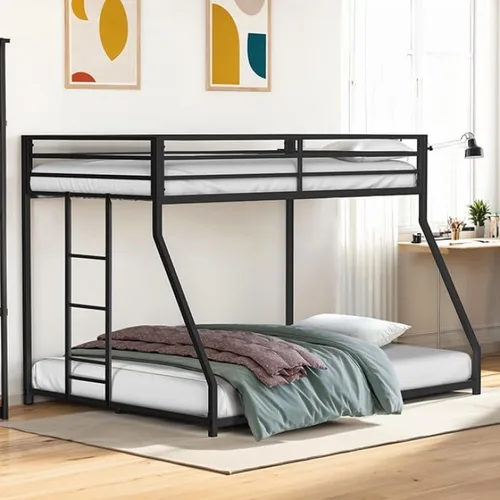 MASARA Marco de cama moderno de metal individual sobre matrimonial, estilo contemporáneo, negro mate, escalera reversible, diseño de perfil bajo,