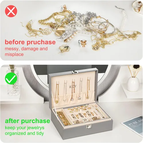 Miniatura 7 de KCY Organizador de joyas para mujeres y niñas estuche grande de cuero sintético con soporte de exhibición de 2 capas y bandeja extraíble para aretes