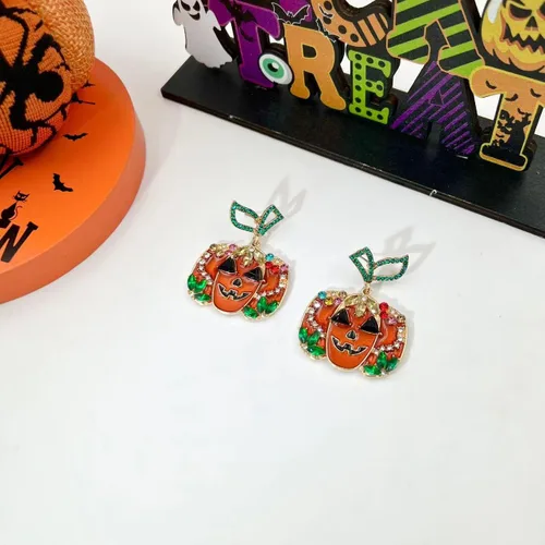 Miniatura 6 de Aretes de calabaza de Halloween para mujer, aretes colgantes de calabaza de cristal rojo, gato negro, calabaza roja, aretes de calabaza de Acción