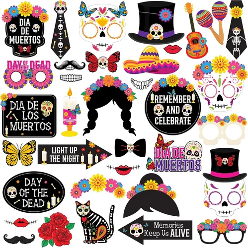 KatchOn, Juego de accesorios de Halloween, paquete de 35 | Accesorio de cabina de fotos del Día de los Muertos para decoraciones de fiesta mexicana
