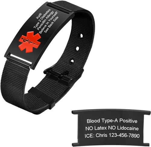 Miniatura 17 de Pulseras personalizadas de alerta médica para hombres, mujeres y niños, grabado gratuito, malla de acero inoxidable ajustable, pulsera