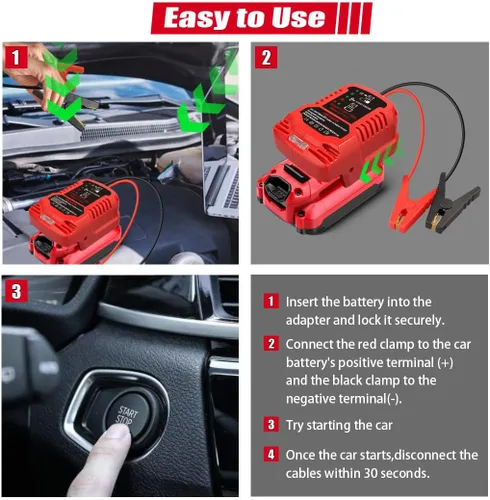Miniatura 4 de Adaptador de arranque para Craftsman 20V V20 Li-ion alimentado por batería con abrazaderas de cable de puente, cargador de coche portátil